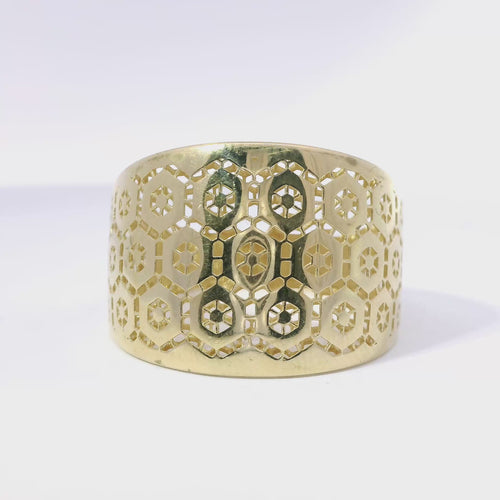 14KT Gold Ring Abstract Women's Hexagon Cage Cutouts Band