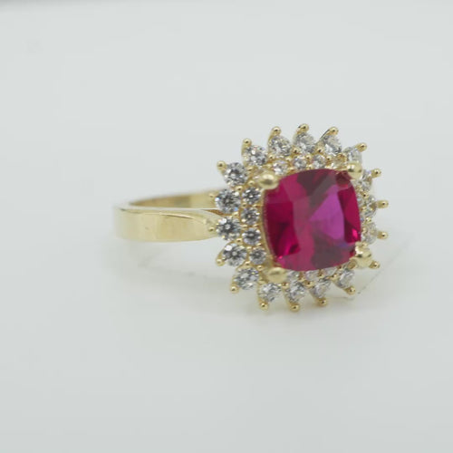 14KT Gold Ring Women's Square Red Center CZ with Round Double CZ Border Plain Band