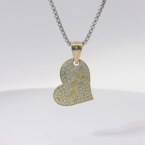 14KT Gold Charm Small Double White CZ Stone Heart with Small Heart Center and Plain Bell