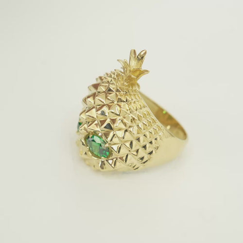 14KT Gold Ring Men's Pineapple Skull with Green Oval CZ Stone Eyes