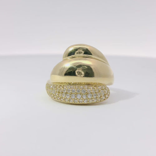 14KT Gold Ring Women's Ice Cream Swirl Two Plain and White CZ Stone Lower Layer with Plain Band