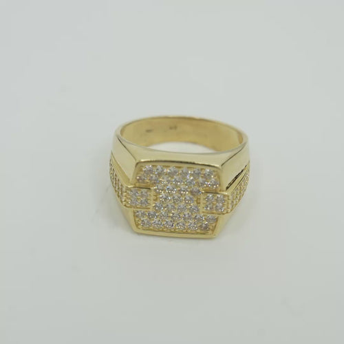 14KT Gold Ring Men's Square White CZ Stones Seven Row Center Square Design Raised 2 x 2 White CZ Stones Left/Right Edge Design with Double Row White CZ Stones Waterfall Side Design Plain Border