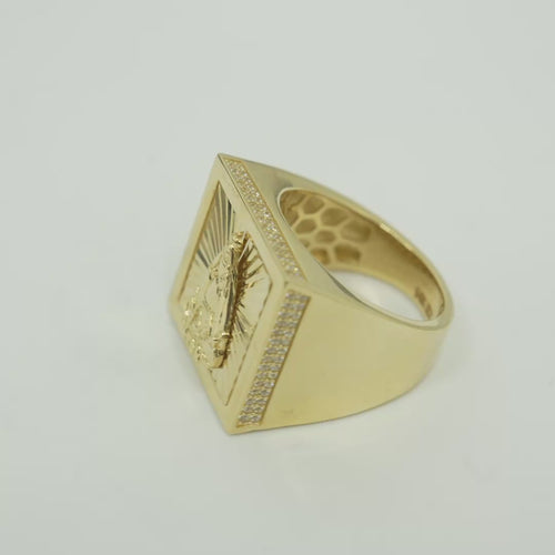 14KT Gold Ring Men's Square Caridad Cobre Plain Border Center with Sunray Background and Double Row White CZ Side Stones Border