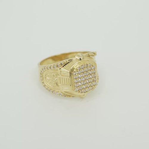 14KT Gold Ring Men's Oval White CZ Stone Platform Plain Border Band Design Fleur De Lis with U Shaped White CZ Stone Border