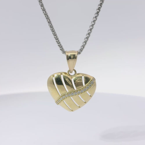 14KT Gold Charm Medium Plain Open Stripe Heart with White CZ Stones Sash and Plain Bell