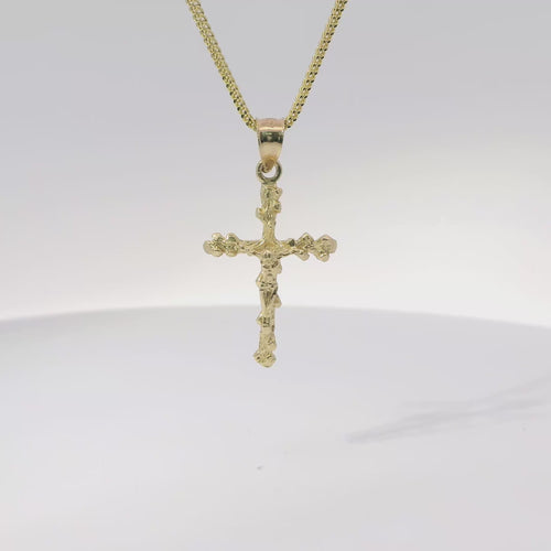 14KT Gold Charm Medium Textured Nugget Crucifix Cross with Plain Bell