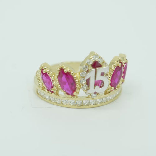 14KT Gold Ring Women's "15" Quinceanera Crown Dark Pink CZ Stones with White Square CZ Stones Band Plain Shank