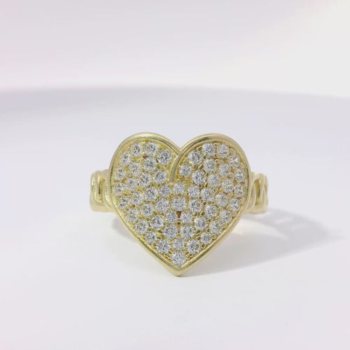 14KT Gold Ring Women's Cluster Curved White CZ Stones Heart Center with Overlapping Plain Borders and Chino Link Band