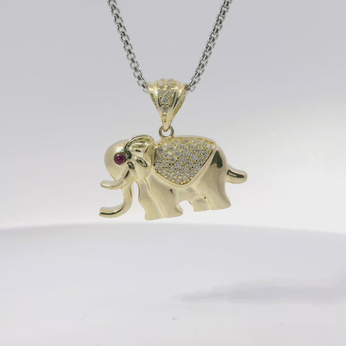 14KT Gold Charm Small 3D Puff Elephant with Flat Heart Cut Out Back, Dark Pink CZ Stone Eye, White CZ Stones Blanket and Bell
