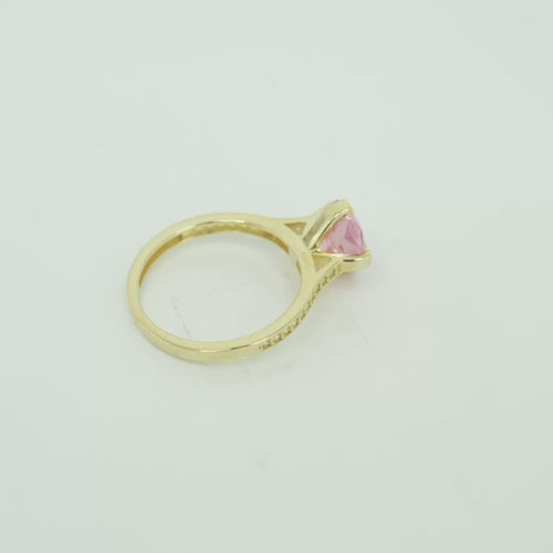 14KT Gold Women's Ring Octagon Rose Mini 4 Prong Rose Pink CZ Center Stone with Round White Pave CZ Stone Band