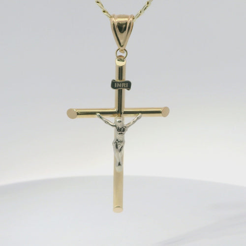 14KT Gold Charm Large Two Tone Hollow Tube Slant Ends Crucifix Cross with Plain Bell