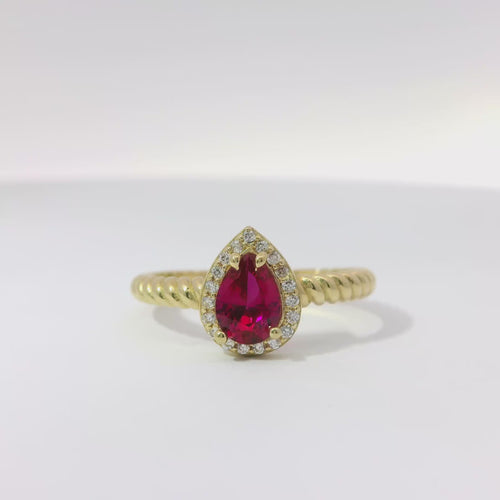 14KT Gold Ring Women's Red Pear Shape Center CZ Stone White CZ Stones Border Plain Rope Band