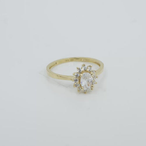 14KT Gold Ring Women's Flower Oval White Center Stone with White CZ Stone Petals Border Plain Band