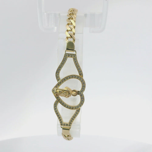 14KT Gold Bracelet Women's Open Heart St. Jude Plaque with White CZ Stones Borders and White CZ Stone End Cuban Link Lobster Clasp Band