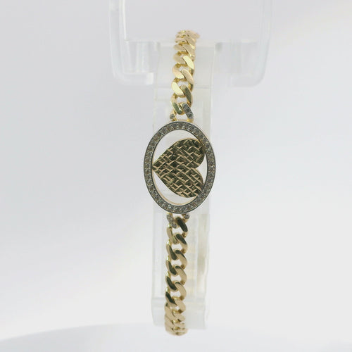 14KT Gold Bracelet Women's Single Charm Two Tone Diamond Cut Heart with Oval White Gold CZ Stones Border and White CZ Stone End Cuban Link Lobster Clasp Band