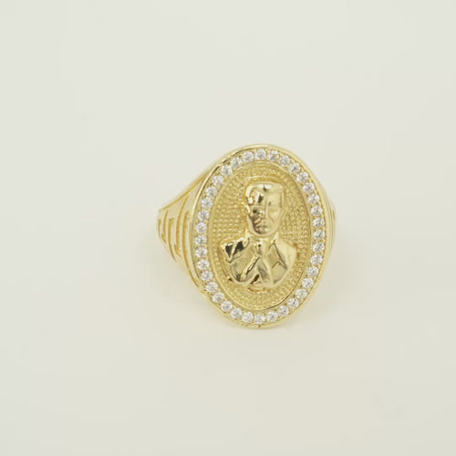 14K Gold Ring Men's Oval Coin Malverde Center with White CZ Stone Border and Greek Style Design on Each Sides