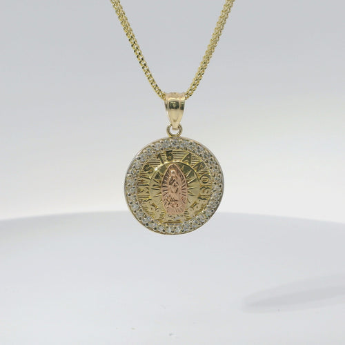 14KT Gold Charm Extra Small Round Two Tone Virgin Mary Quinceanera "15 Anos" Coin with White CZ Stones Border and Plain Bell