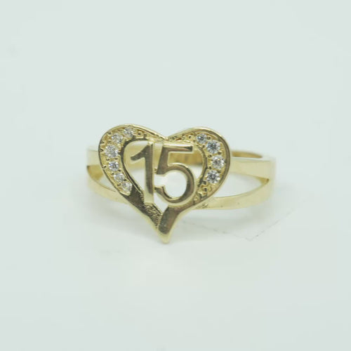 14KT Gold Ring Women's Heart "15" Quinceanera with Round White CZ Stones Border Plain Split Band