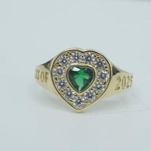 14KT Gold Ring Women's "Class of 2025" Dark Green Center Heart CZ Stone White CZ Stones Border Plain Band