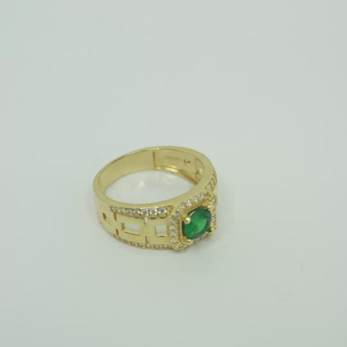14KT Gold Ring Men's Square Green CZ Round Center Stone White CZ Stone Border Band Design Half/Full/Half Stacked Boxes Cutouts with Single Row White CZ Stones Border