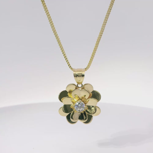 14KT Gold Charm Large Double Layer Heart Petal Flower with White CZ Stone Center and Plain Bell