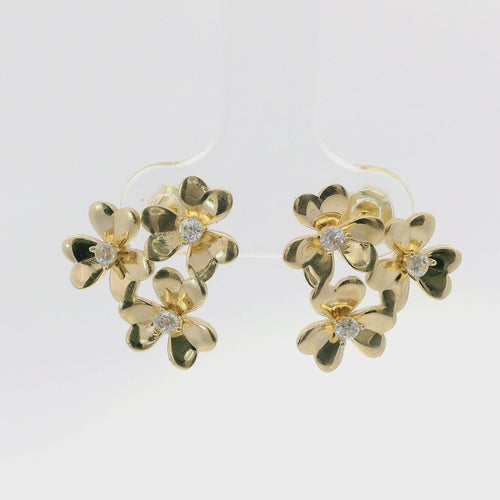 14KT Gold Earrings Small Triple Heart Petal Flower with White CZ Stone Center, Push Back Post, and Butterfly Backs
