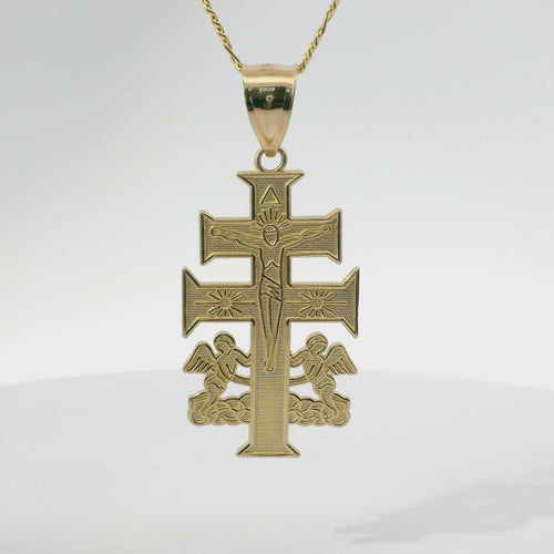 14KT Gold Charm Medium Flat Caravaca Crucifix Cross with Plain Bell