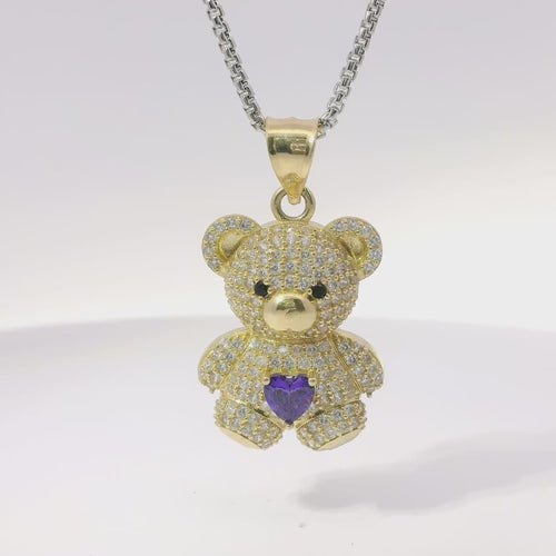 14KT Gold Charm Extra Large White CZ Stones Teddy with Purple Heart Belly and Plain Bell