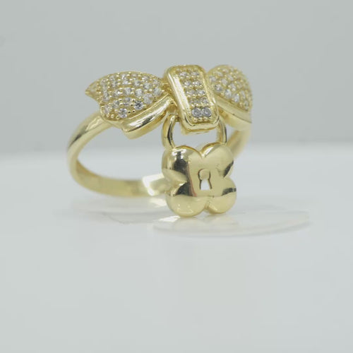 14KT Gold Ring Women's White CZ Stones Bow with Plain Border and Hanging Square Lock