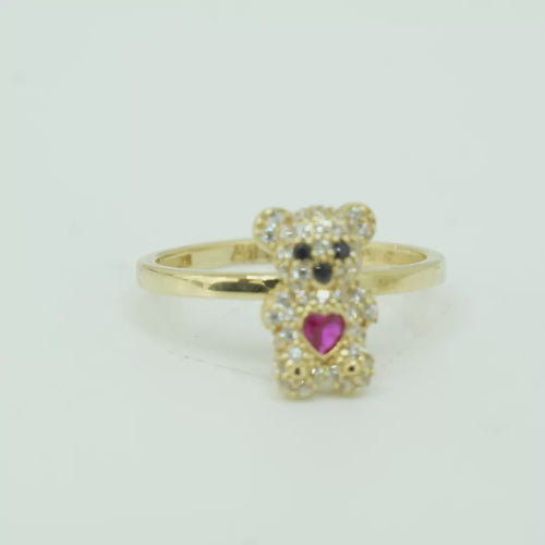 14KT Gold Ring Small White CZ Stones Teddy Bear with Dark Pink Heart CZ Stone Belly, Black Eyes, and Plain Band