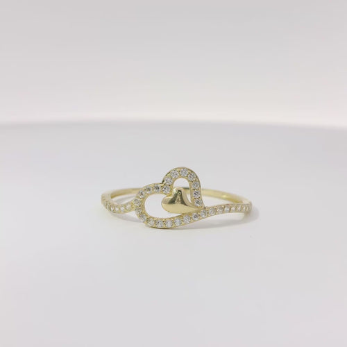 14KT Gold Ring Women's Light Weight Tilted Open White CZ Stones Heart Outline with Plain Heart Center and White CZ Stones Band