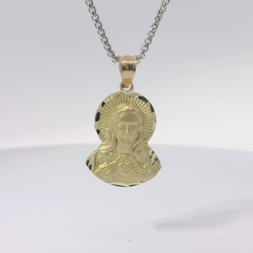 14KT Gold Charm Medium Diamond Cut Sacred Heart Jesus Portrait with Plain Bell