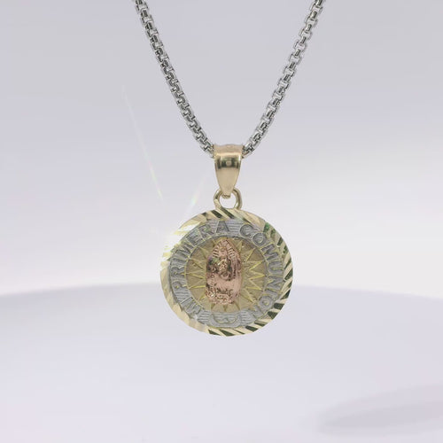 14KT Gold Charm Small Tri Tone "Mi Primera Communion" Communion Coin with Diamond Cut Edge and Plain Bell