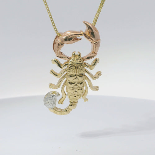 14KT Gold Charm Large Tri Tone Scorpion with Plain Double Bell
