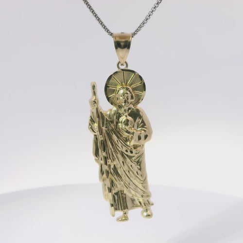 14KT Gold Charm Small Diamond Cut Halo Left Facing St Jude with Plain Bell