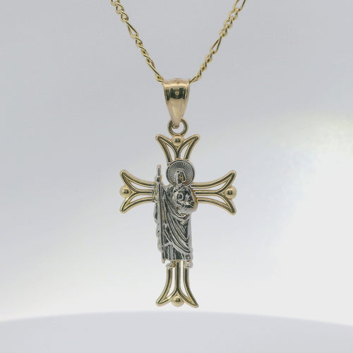 14KT Gold Charm Medium Open Flare End Cross with Two Tone St Jude Center and Plain Bell
