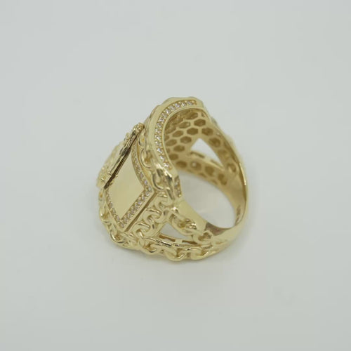 14KT Gold Ring Men's Curved Rectangle Caridad Cobre with White CZ Stones Border Chino Link Frame and Band