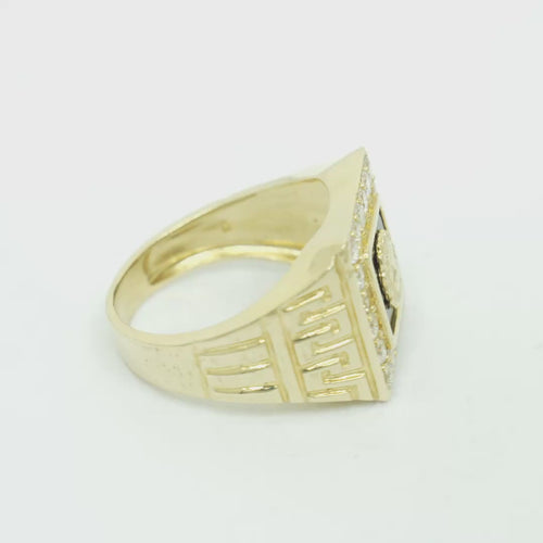 14KT Gold Ring Men's Square Lion Head Onyx Background White CZ Stone Border Side Design Greek