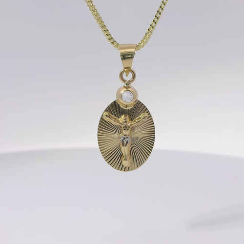 14KT Gold Charm Small Two Tone Oval Crucifix Sunray Coin with White CZ Stone Top and Plain Bell
