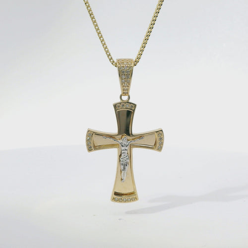 14KT Gold Charm Medium Two Tone Sunken Center Crucifix Cross with Flared White CZ Stones Ends, Plain Back Plate, and White CZ Stones Bell