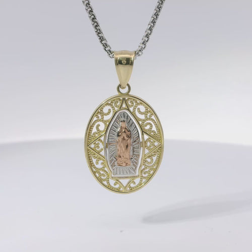 14KT Gold Charm Medium Tri Tone Virgin Mary Plain Border Coin with Open Swirl Outline and Plain Bell