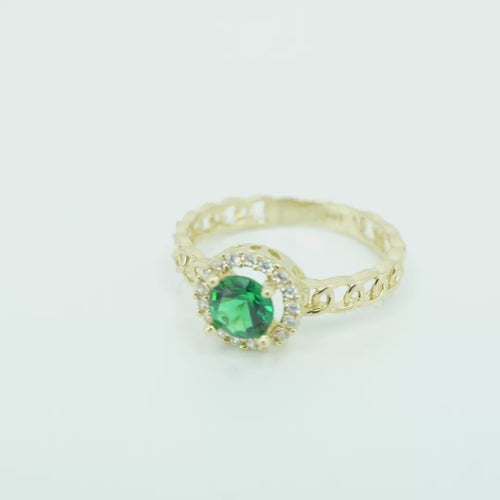 14KT Gold Ring Women's Round Dark Green Center Stone with White CZ Stone Border Chino Band