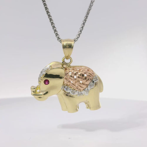 14KT Gold Charm Large Tri Tone Elephant with Pink CZ Stone Eye and Diamond Cut Rose Gold Curved Blanket Plain Bell