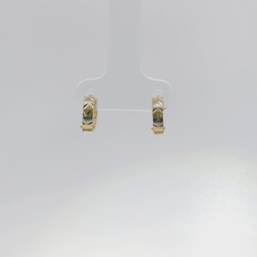 14KT Gold Earring Extra Small White CZ Stones Single Row Hoops with Two Tone Wheat Print Diamond Cut Back Huggie
