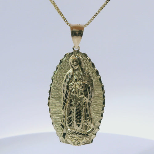 14KT Gold Charm Extra Large Oval Virgin Mary with Diamond Cut Spiked Edge and Plain Bell