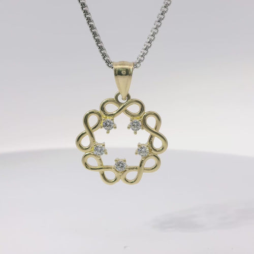 14KT Gold Charm Medium Plain Infinity Wreath with Five White CZ Stones Center and Plain Bell