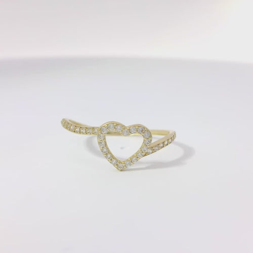 14KT Gold Ring Women's Light Weight Open White CZ Stones Heart Outline with White CZ Stones Closed Bypass Band