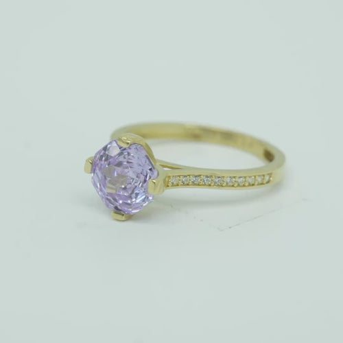 14KT Gold Ring Women's Octagon Rose Mini 4 Prong Lavender CZ Center Stone with Round White Pave CZ Stone Band