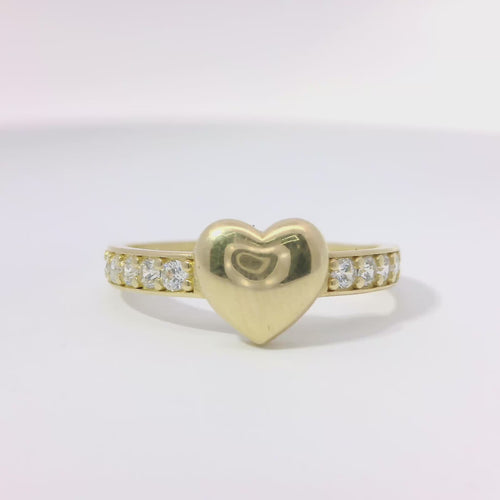 14KT Gold Ring Women's Mini Plain Puff Heart Center with White CZ Stones Band