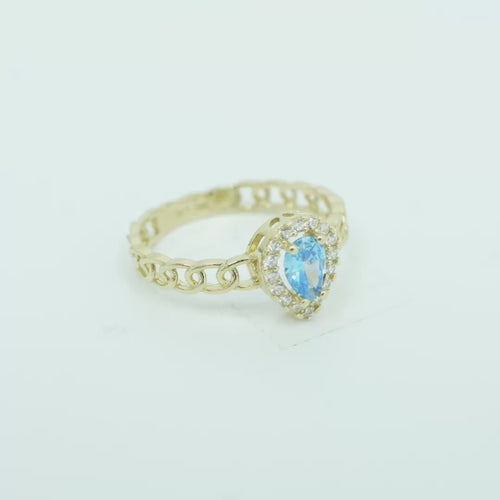 14KT Gold Ring Women's Pear Light Blue Center Stone with White CZ Stone Border Chino Band